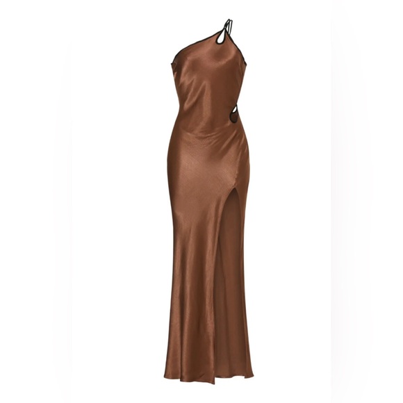 Bec & Bridge Kehlani Satin Maxi Dress High Side Slit Cut Outs in Chocolate sz 10 - Picture 5 of 8